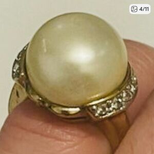 PANETTA  Gold Tone Sterling Shank Faux Pearl Rhinestone Cocktail Ring